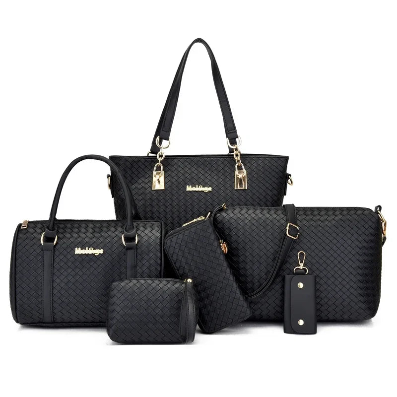 Libarrecy Fashion 6PC Handbag Set - Braid Shoulder Crossbody Tote