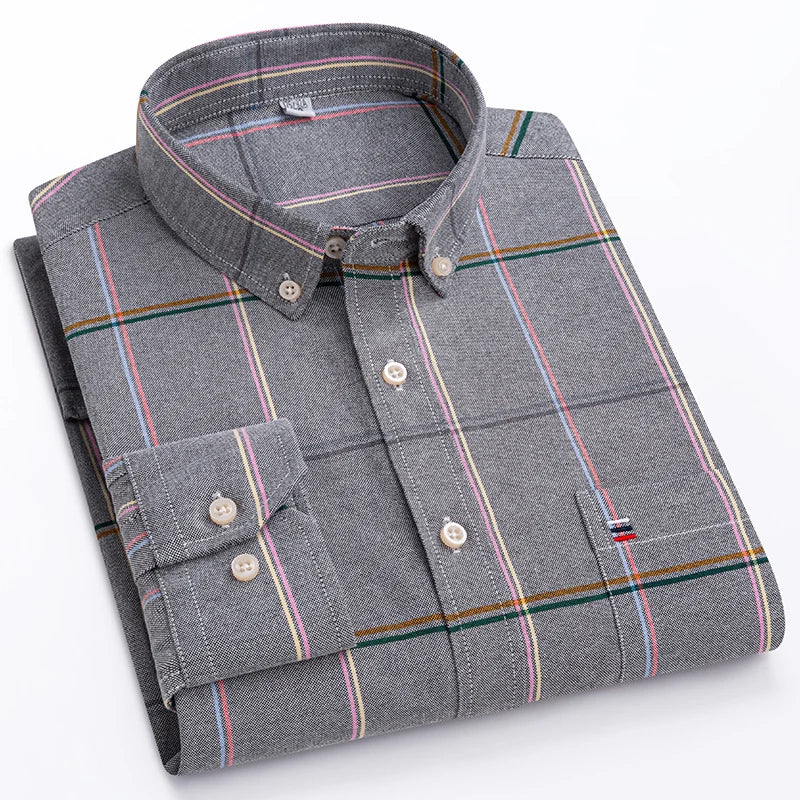 100% Cotton Oxford Men's Shirt - Plaid & Stripe Spring/Autumn Styles