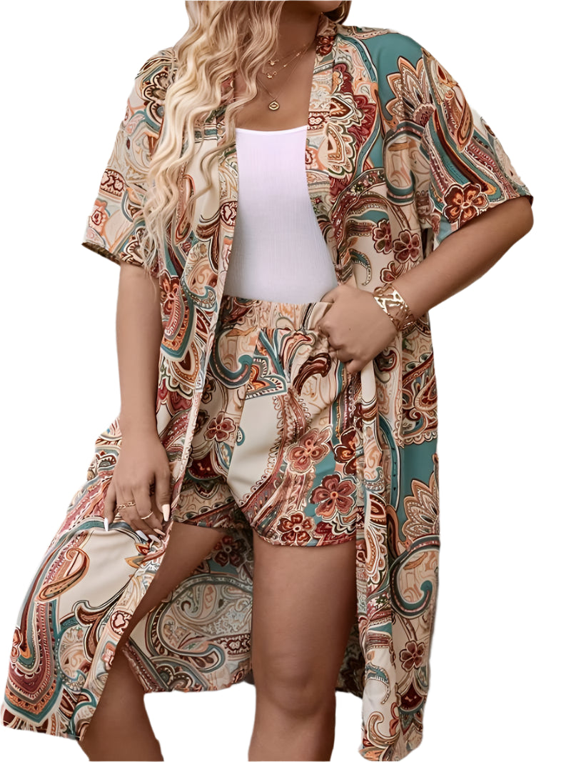 Plus Size Boho Print Kimono & Shorts Set - Summer Vacation Style