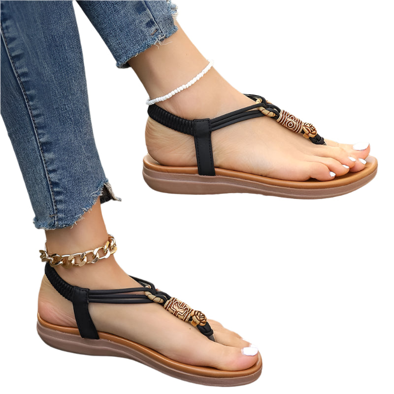 Bohemian Women's Beaded Clip Toe Elastic Flat Sandals for Summer