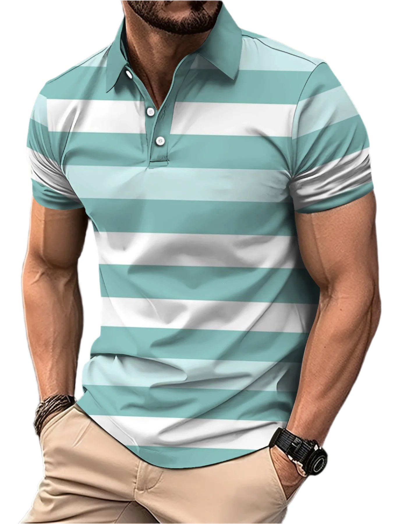 Men’s 3D Digital Print Striped Polo – Casual Oversized Top