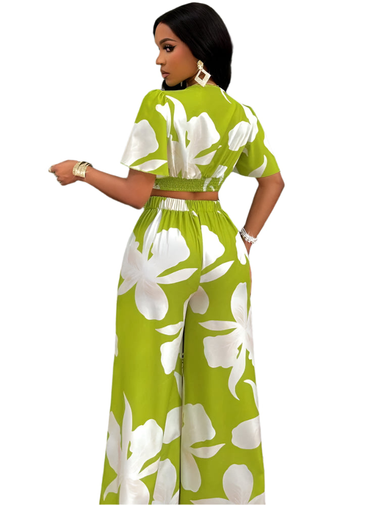Women’s Elegant Two-Piece Pleated Butterfly Sleeve Top & Wide-Leg Lace-Up Pants