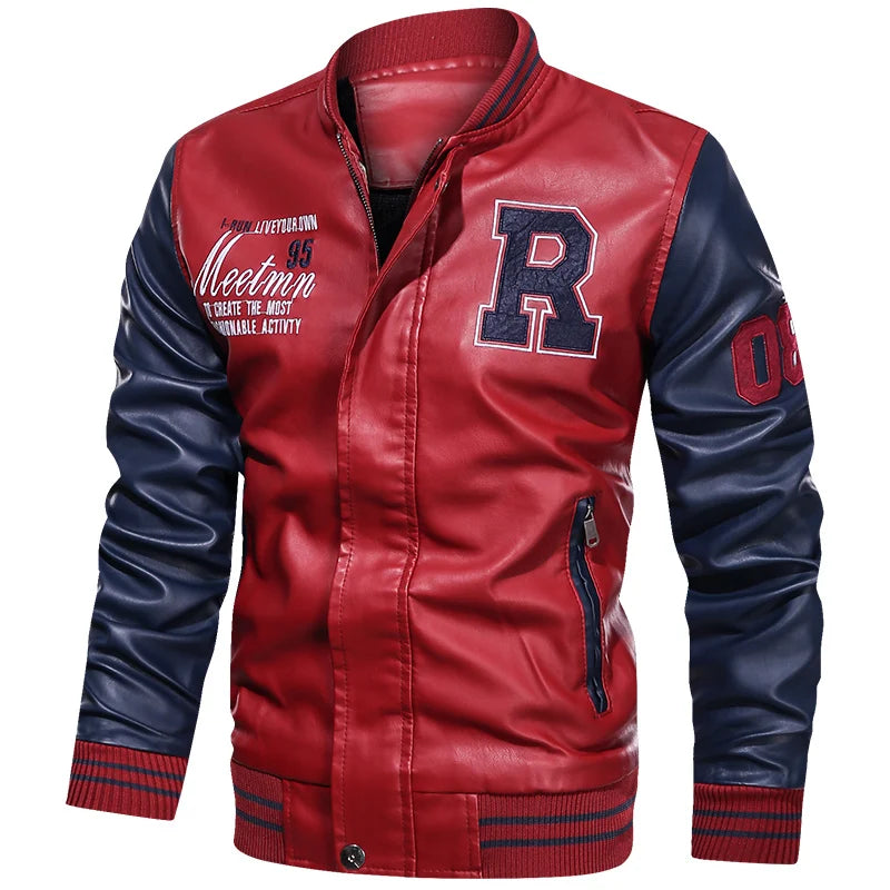 Men's Embroidered PU Leather Jacket: Fleece Lined Winter Coat