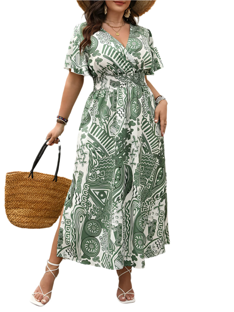 Plus Size Summer Beach Dress – Surplice Neck Print Maxi with Butterfly Sleeves