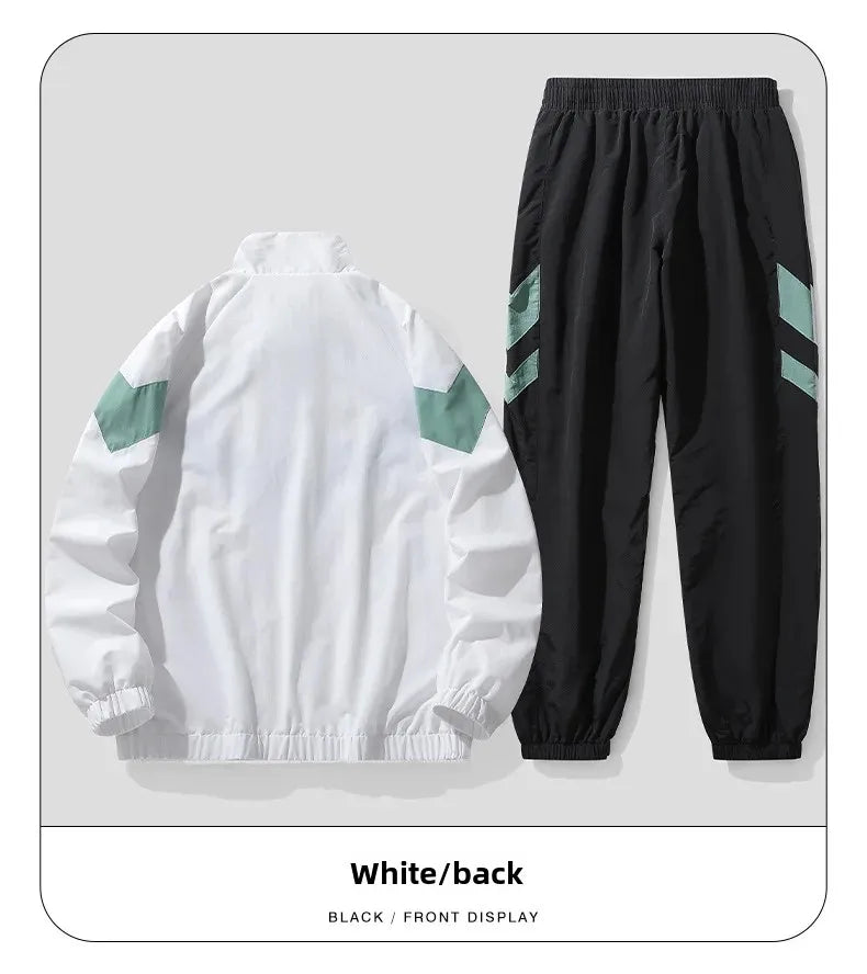 White jacket and black pants with green accents on a light gray background