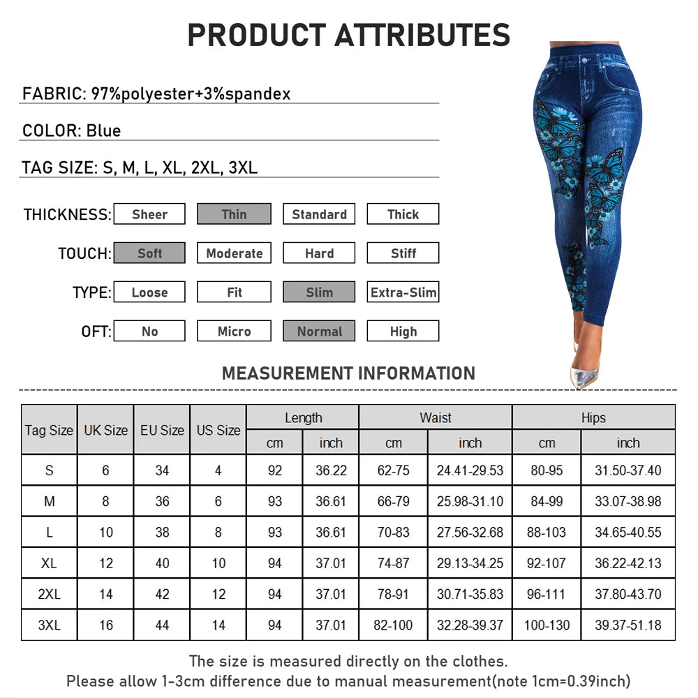 Plus Size High Waist Jeggings – Stretchy Denim-Look Print Leggings Chart