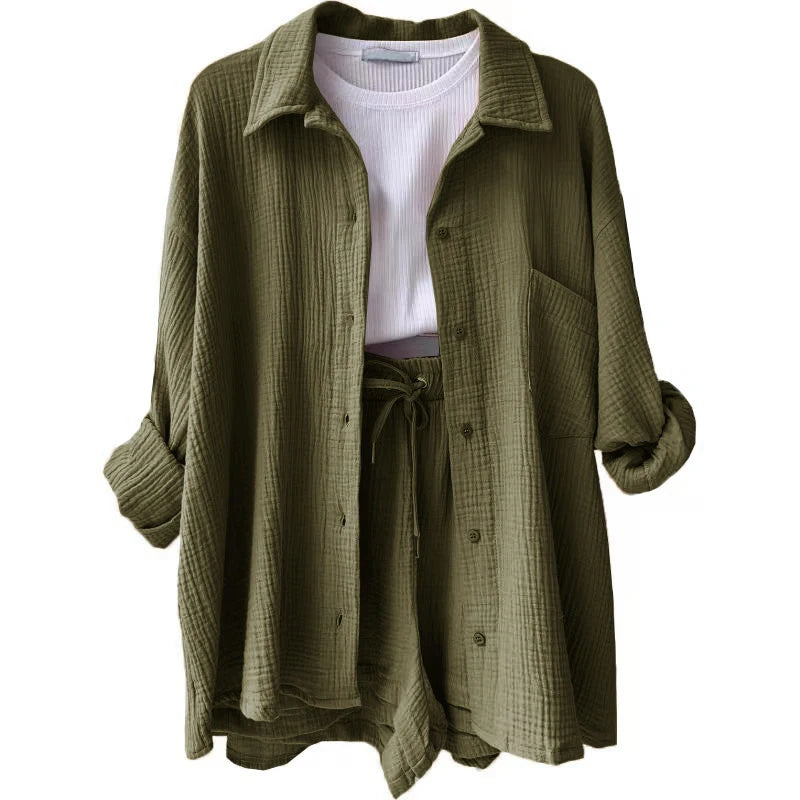 Women's Casual Shirt & Shorts Suit - Full Sleeve Spring/Summer Set