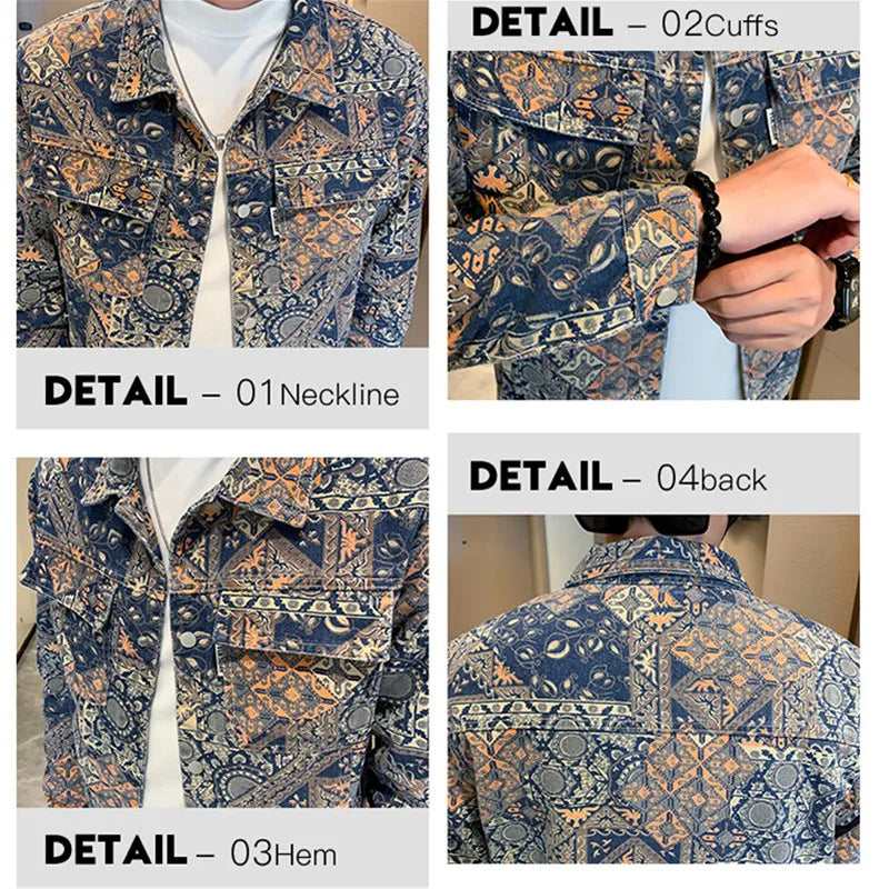 Men’s Blue Denim Jacket | Printed Trim Casual Coat M–4XL Sizes