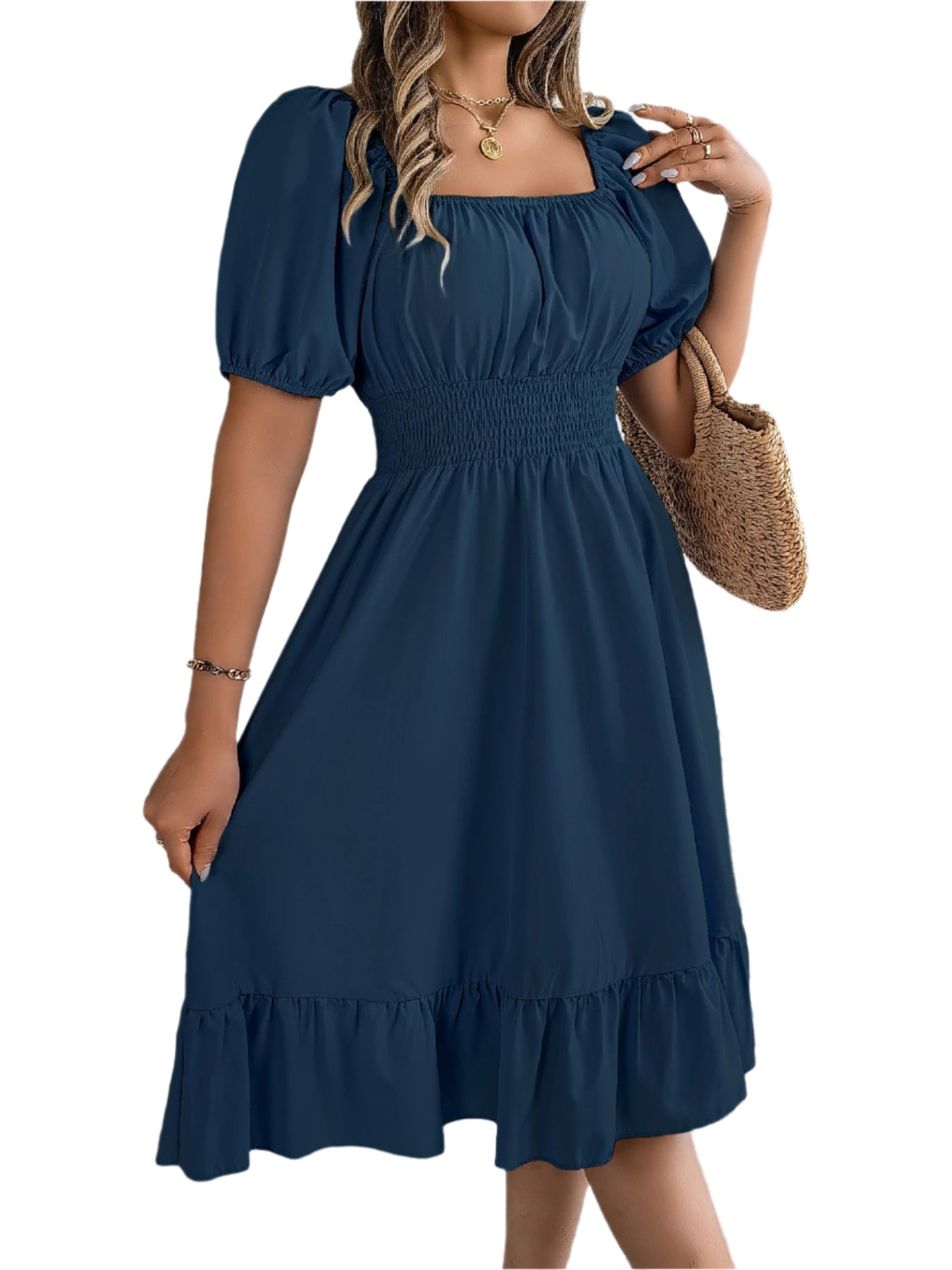 Elegant Square Neck Ruffled Dress – Spring Summer High Waist