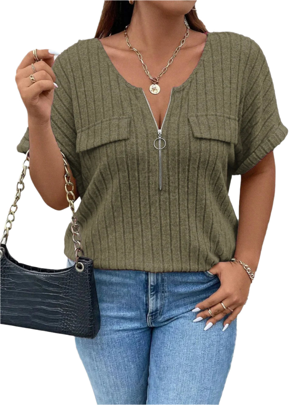 Women's Plus Size O-Ring Zip Front T-Shirt: Summer Rib Knit Top