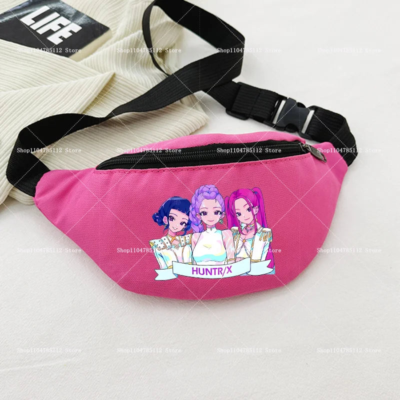 Pink waist bag with cartoon characters and 'HUNTR/X' text on a light background