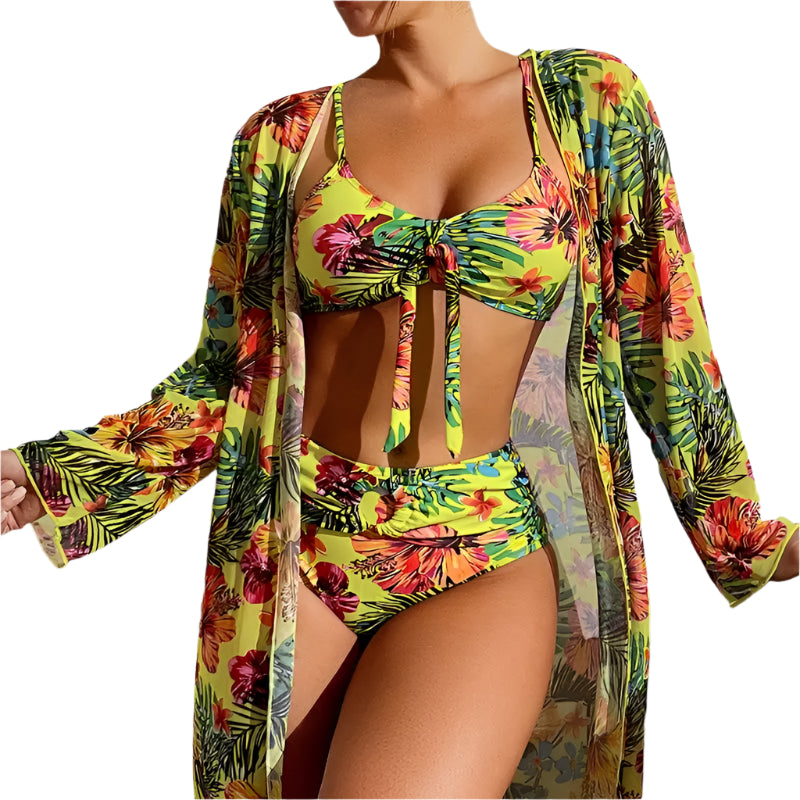 Women's 3PC Floral Swimsuit - LS Blouse, Wireless Bra & High Waist