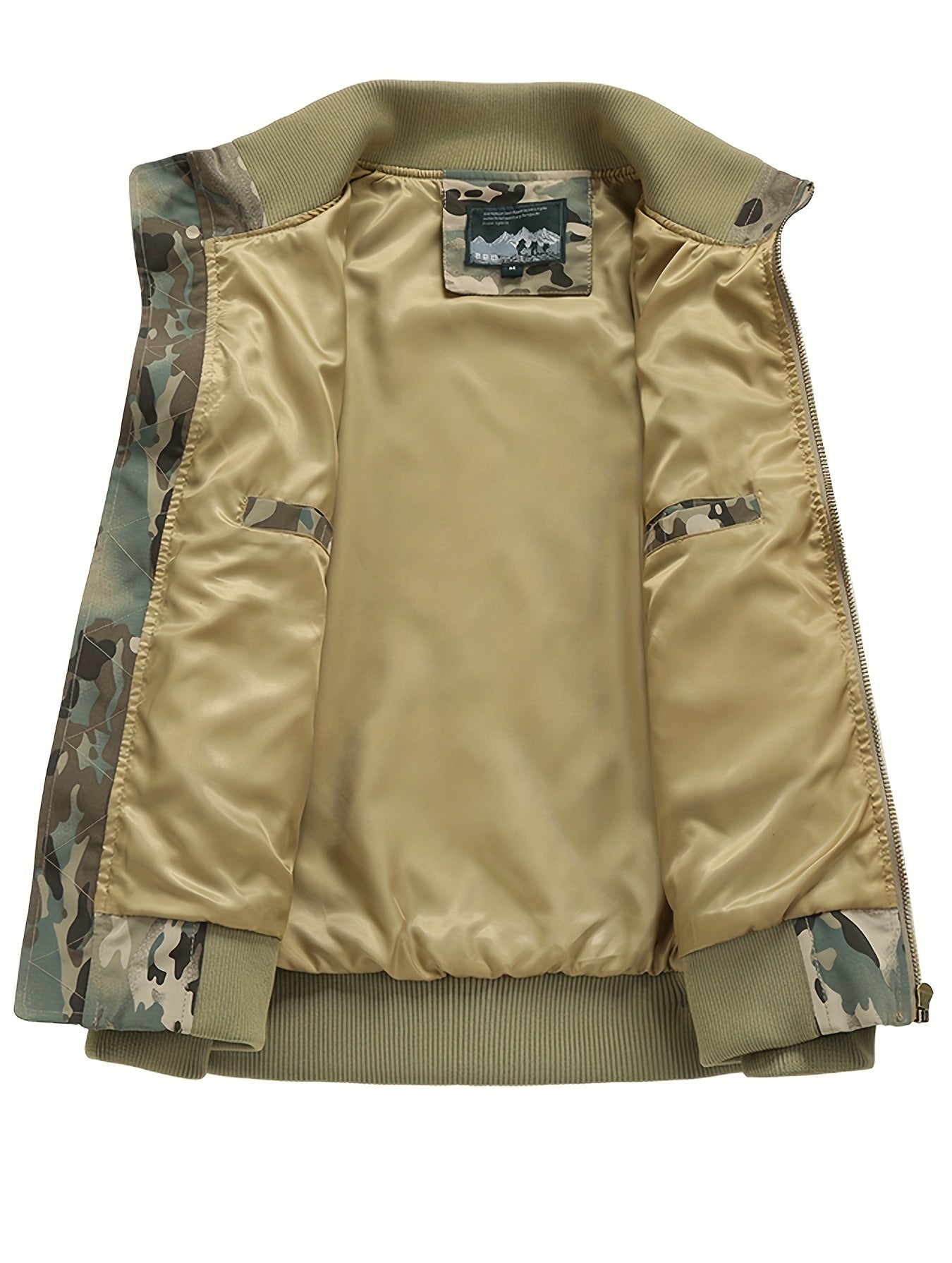 Tan jacket with camouflage accents on a white background