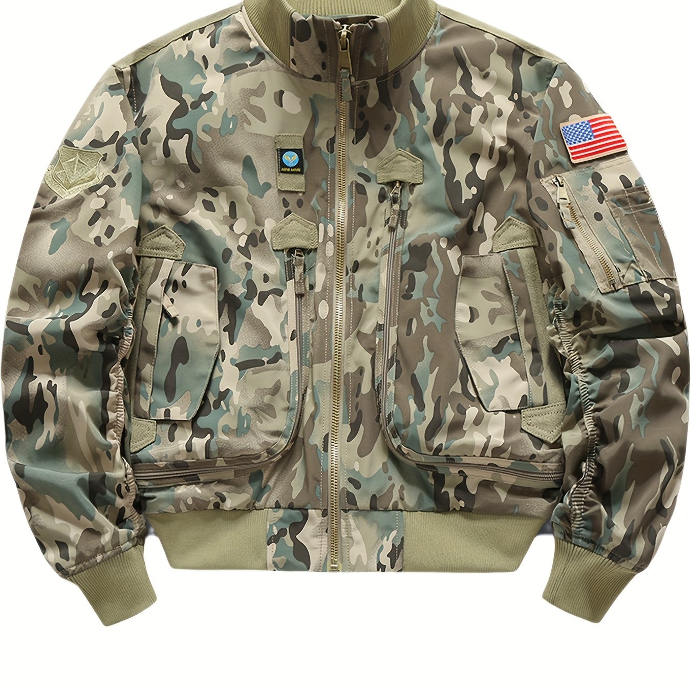 Camouflage jacket with American flag patch on a white background