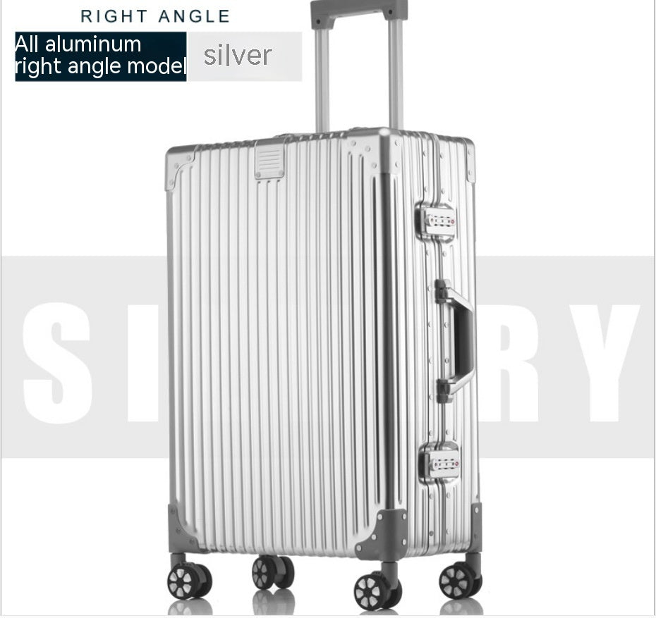 Silver suitcase with wheels on a white background