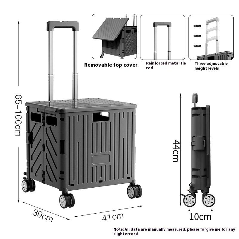 Collapsible shopping cart with wheels and measurements on a white background