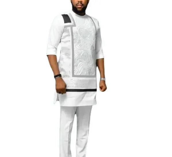 African Men’s White Dashiki Set | Short Sleeve Top & Pant M–4XL