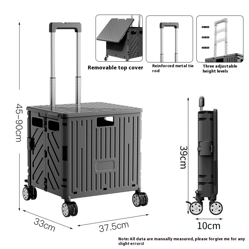 Black rolling cart with dimensions and features on a white background