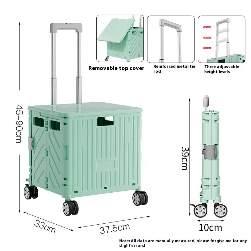 Green rolling cart with features and dimensions on a white background