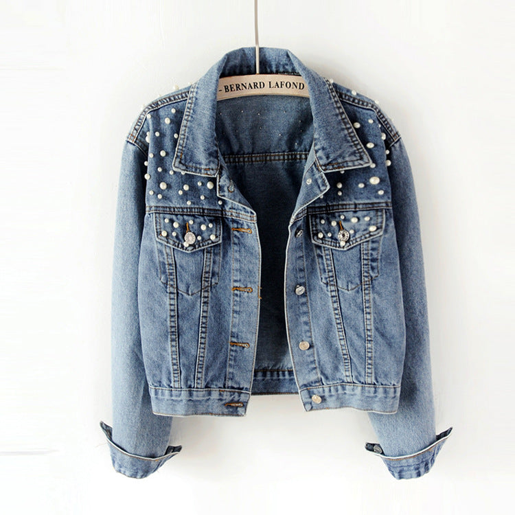Beaded pearl loose casual women's denim jacket