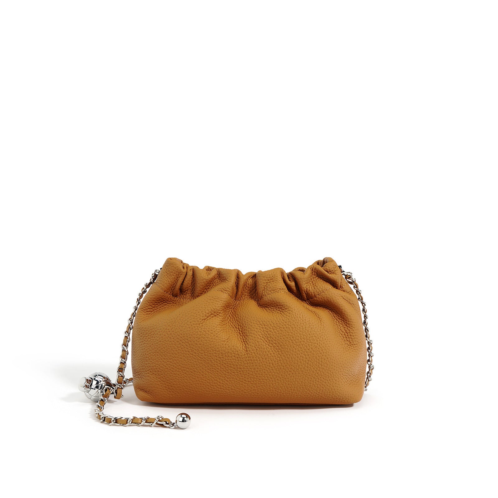 Brown leather handbag with a chain detail on a white background