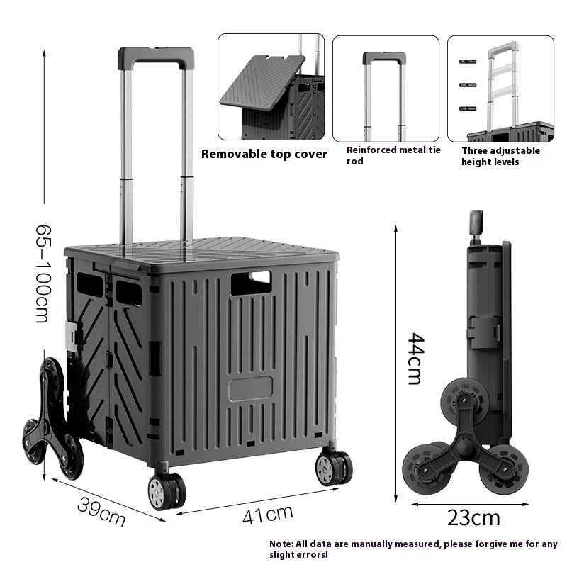 Collapsible shopping cart with wheels and measurements on a white background