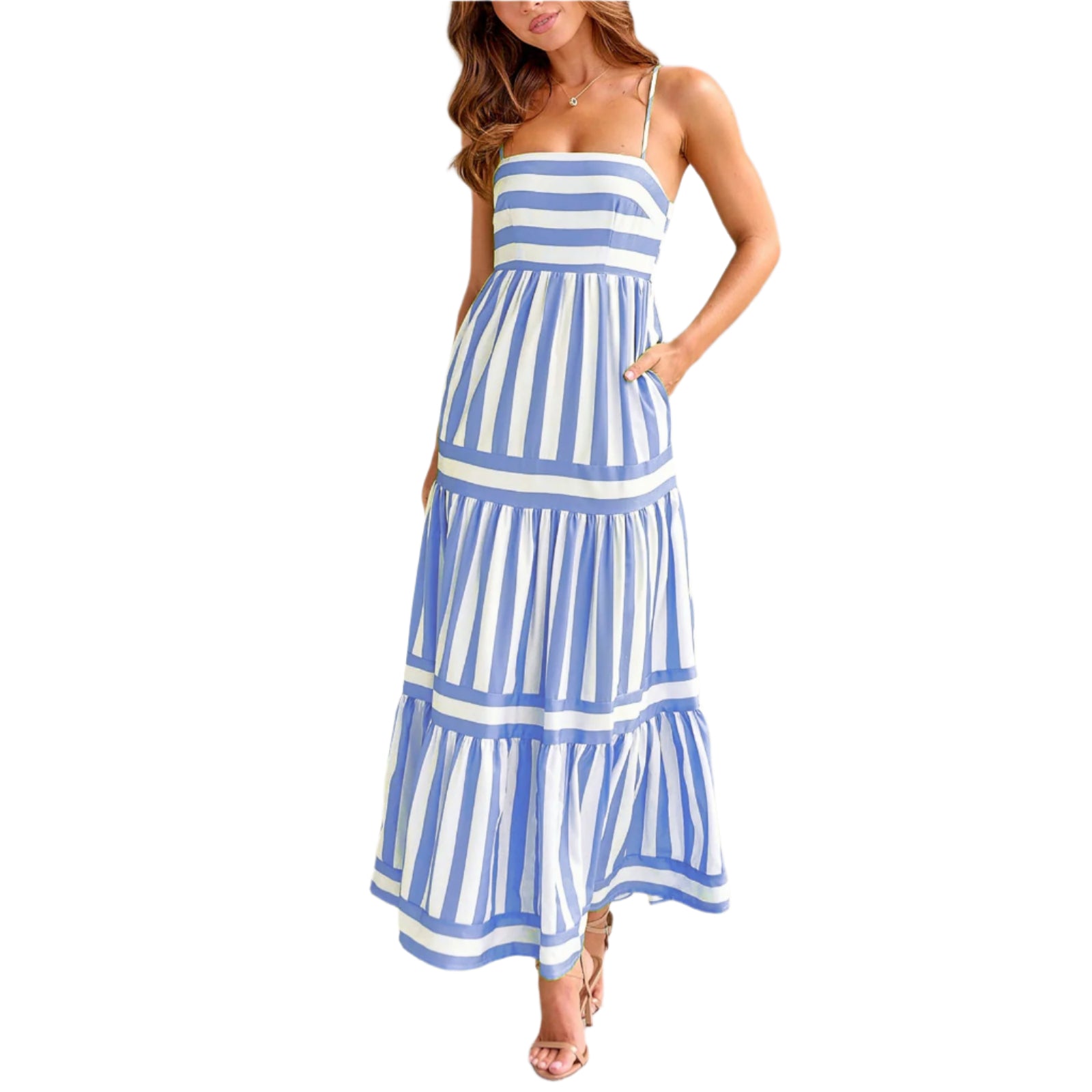 Summer Striped Backless Long Dress: Square Neck & Pockets