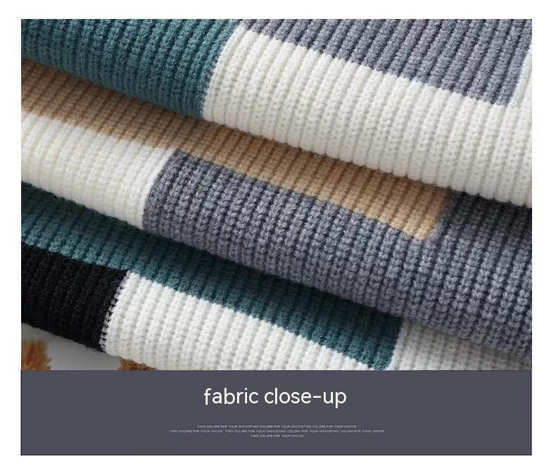 Close-up of striped fabric with blue, beige, and white colors.