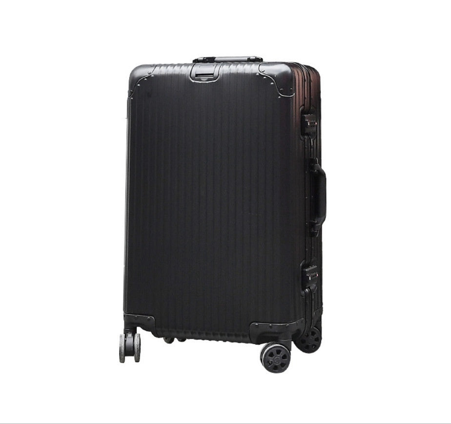 Black suitcase with wheels on a white background