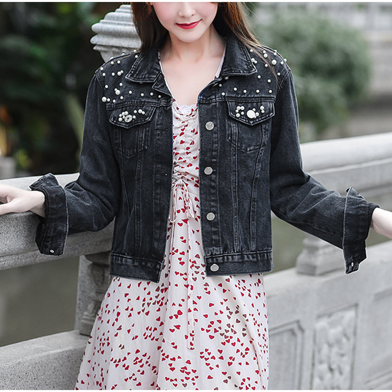 Beaded pearl loose casual women's denim jacket
