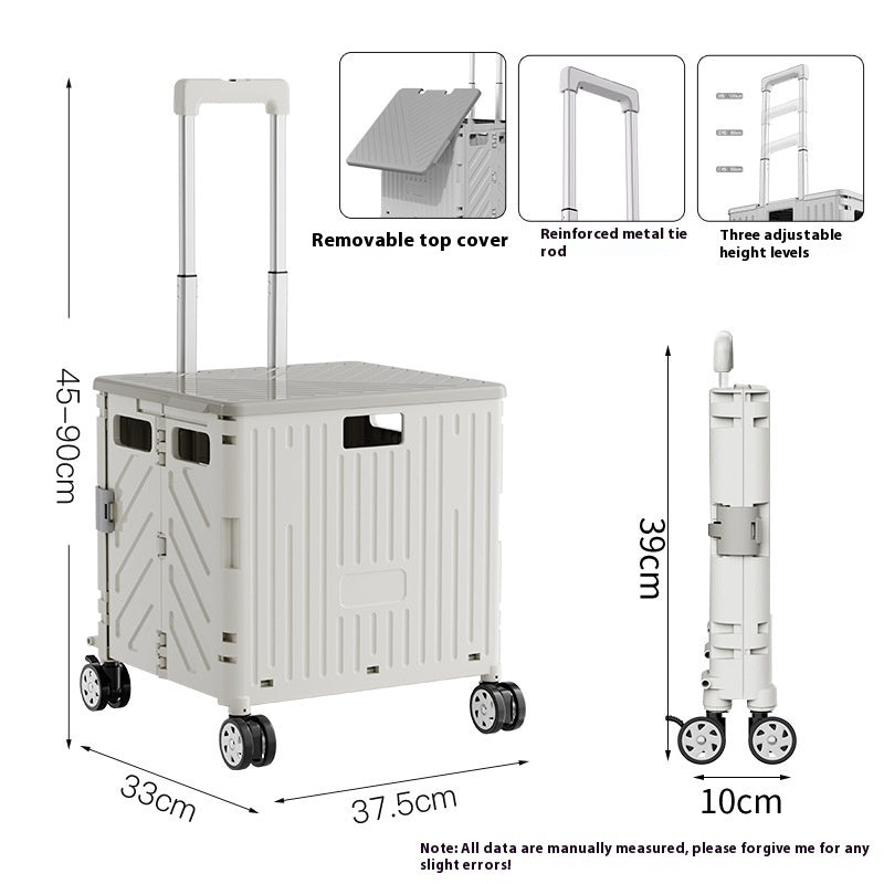 White cart with dimensions and features highlighted on a white background