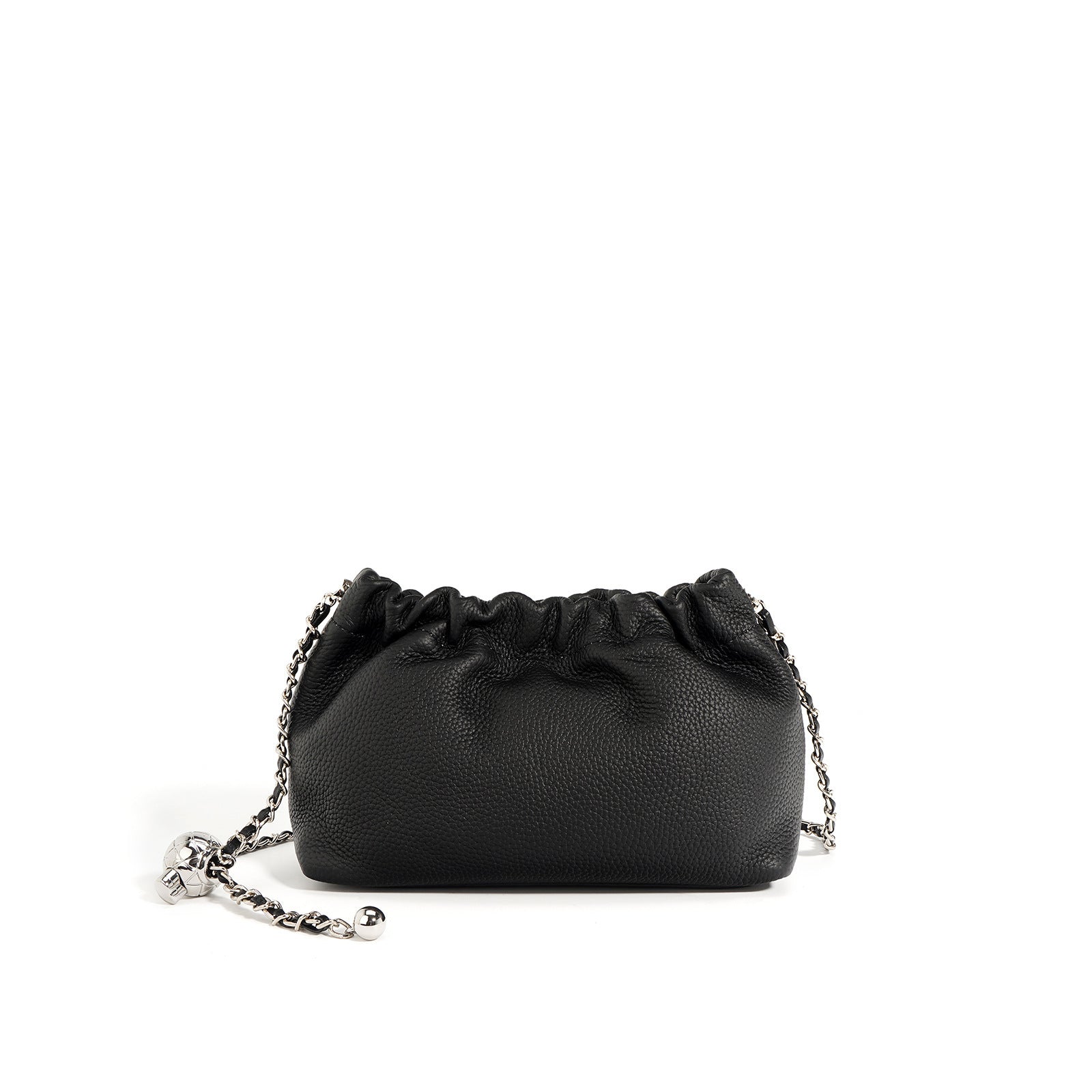 Black leather handbag with a chain detail on a white background