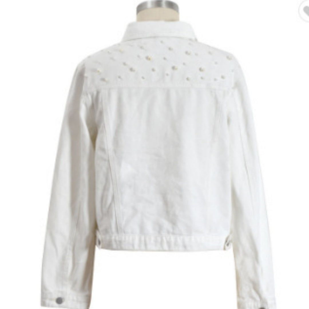 Beaded pearl loose casual women's denim jacket