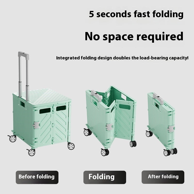 Green folding cart with text highlighting fast folding feature on a white background
