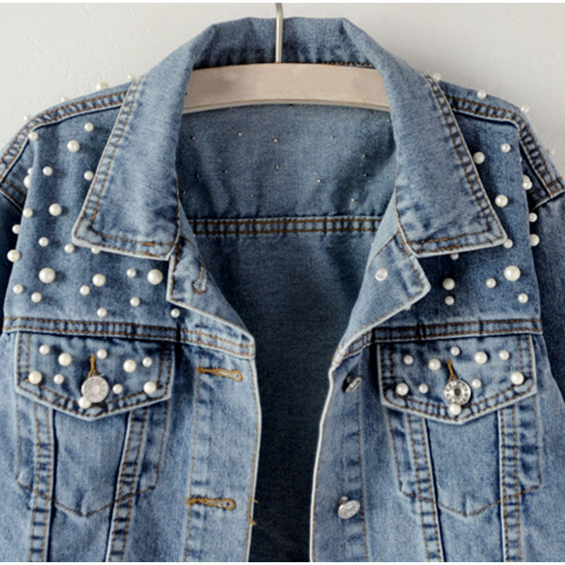 Beaded pearl loose casual women's denim jacket