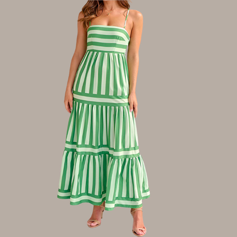 Summer Striped Backless Long Dress: Square Neck & Pockets