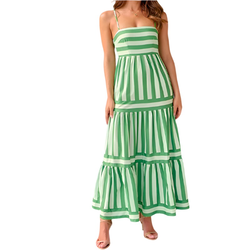 Summer Striped Backless Long Dress: Square Neck & Pockets
