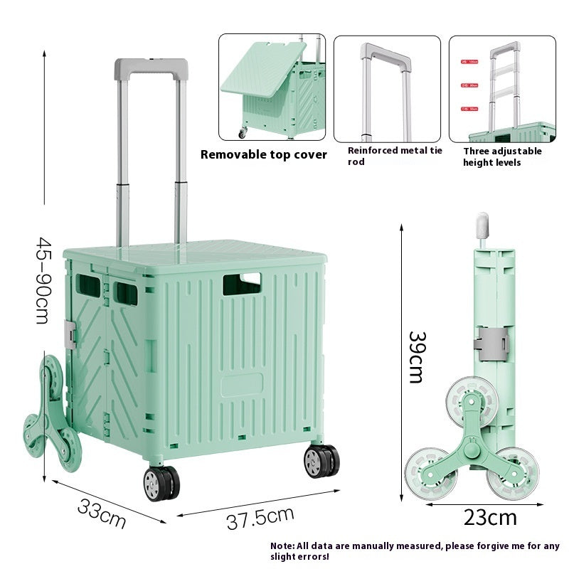 Green folding cart with features and dimensions on a white background