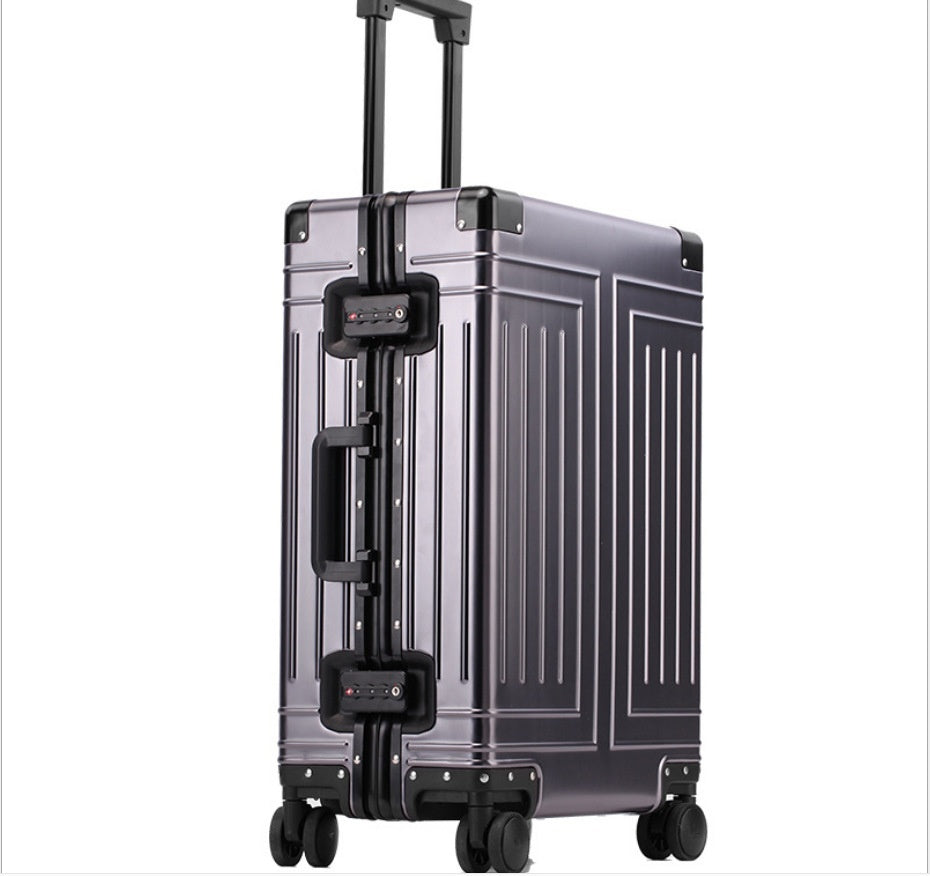 Clear suitcase with black accents on a white background