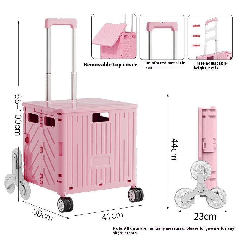 Pink collapsible shopping cart with dimensions and features highlighted