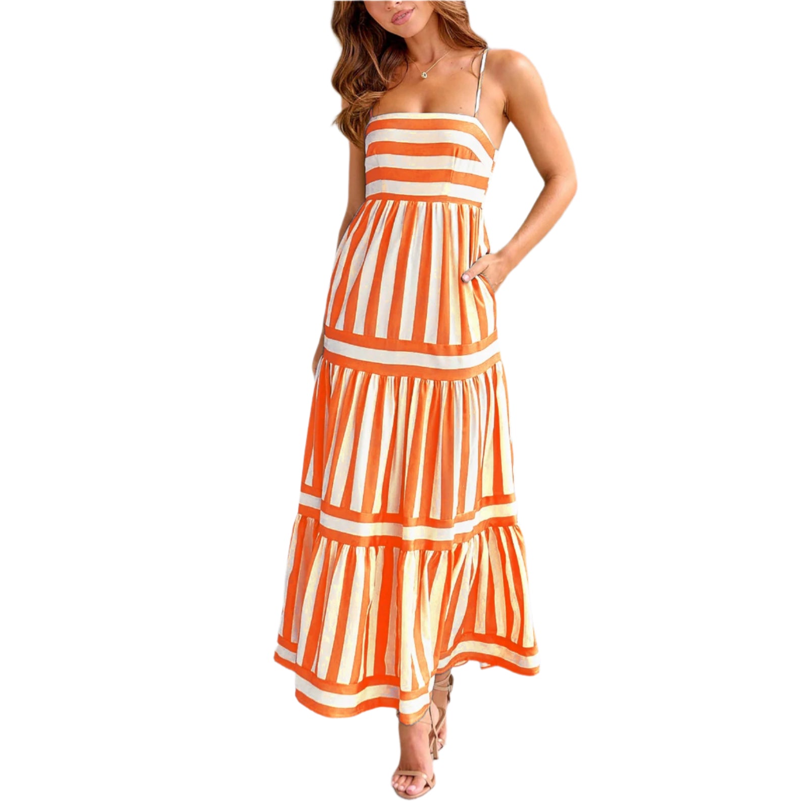 Summer Striped Backless Long Dress: Square Neck & Pockets