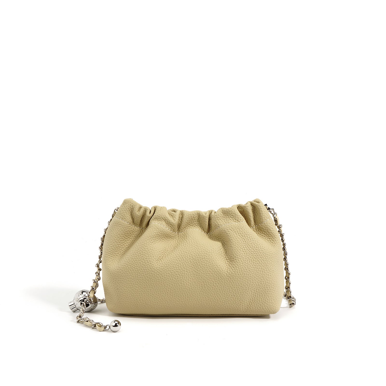 Beige handbag with a chain detail on a white background