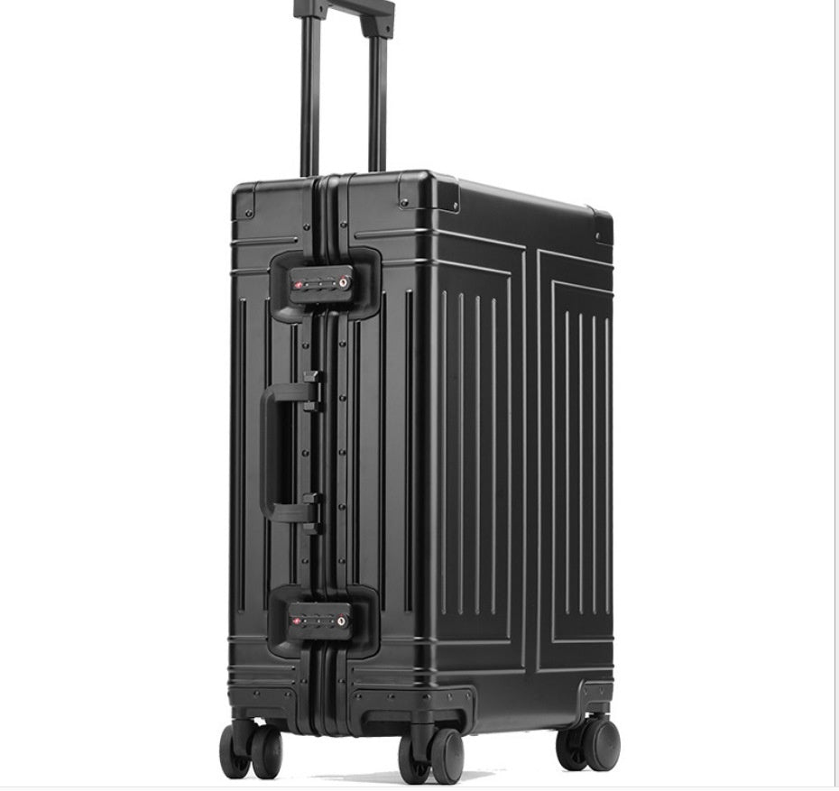 Black suitcase with wheels on a white background