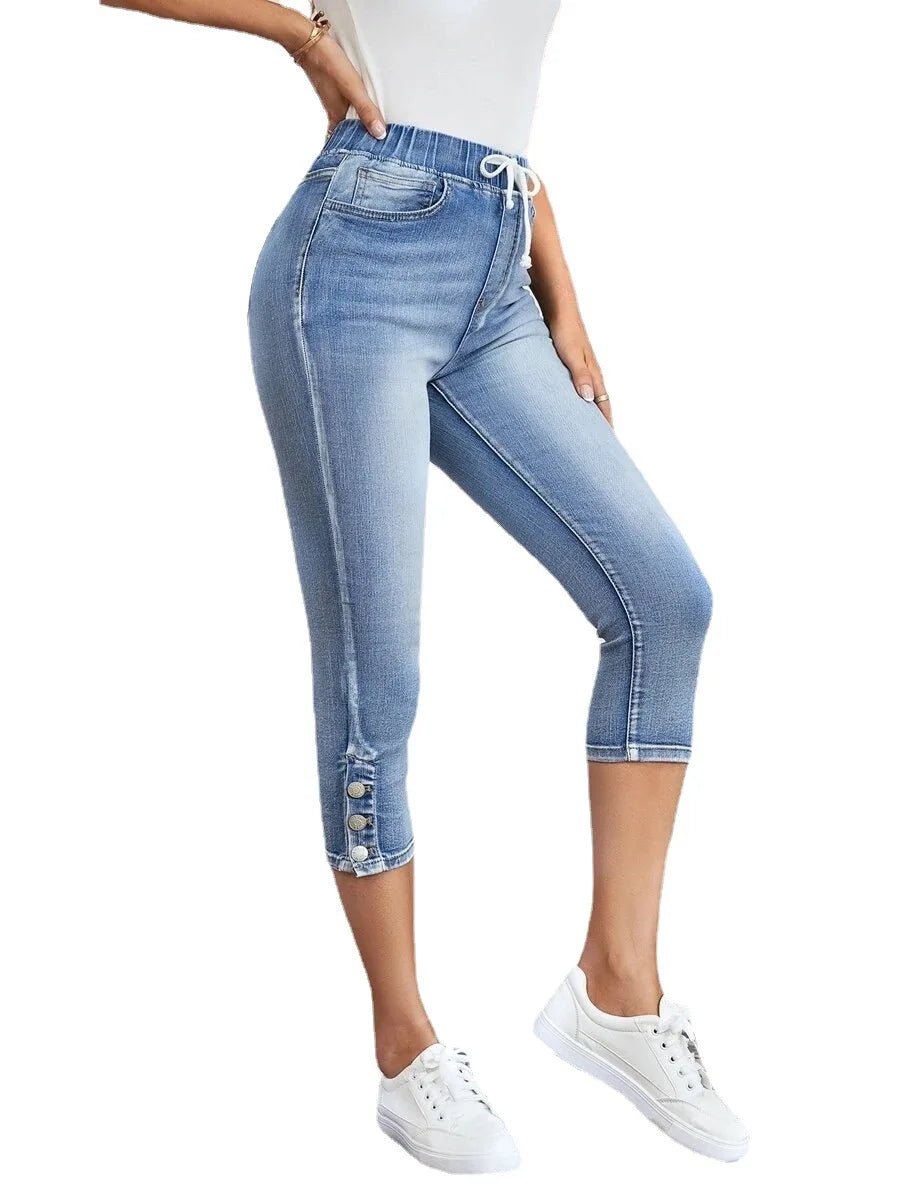 Women’s High Waist Ripped Denim Shorts | Knee-Length Stretch Fit