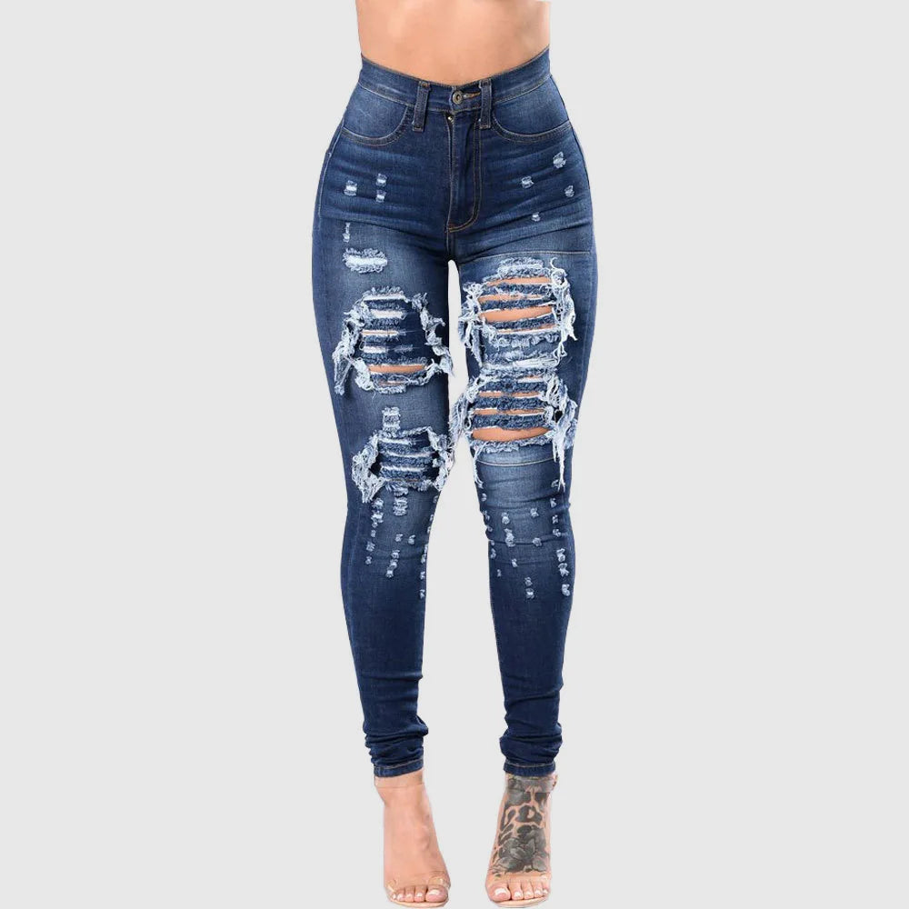 High Waist Ripped Skinny Jeans for Women – S-3XL Casual Denim