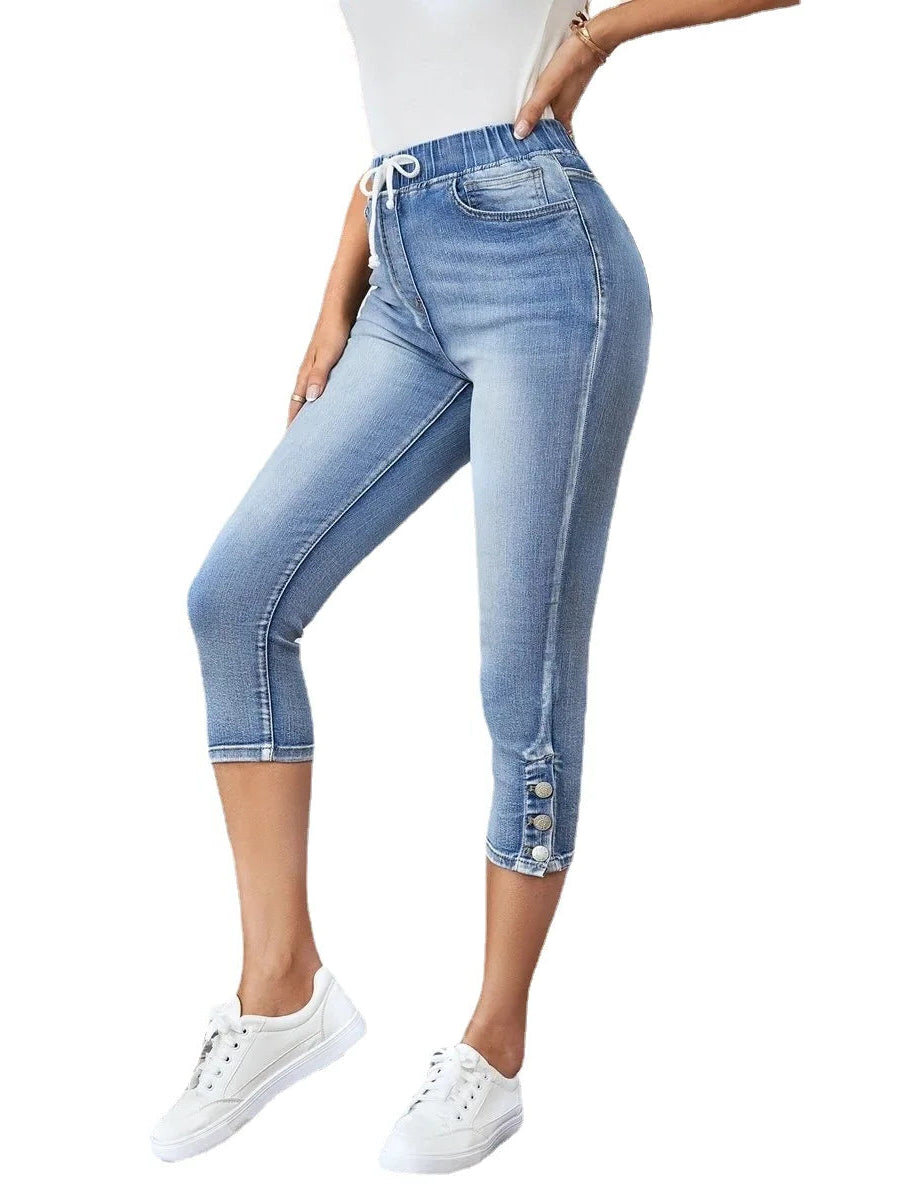 Women’s High Waist Ripped Denim Shorts | Knee-Length Stretch Fit