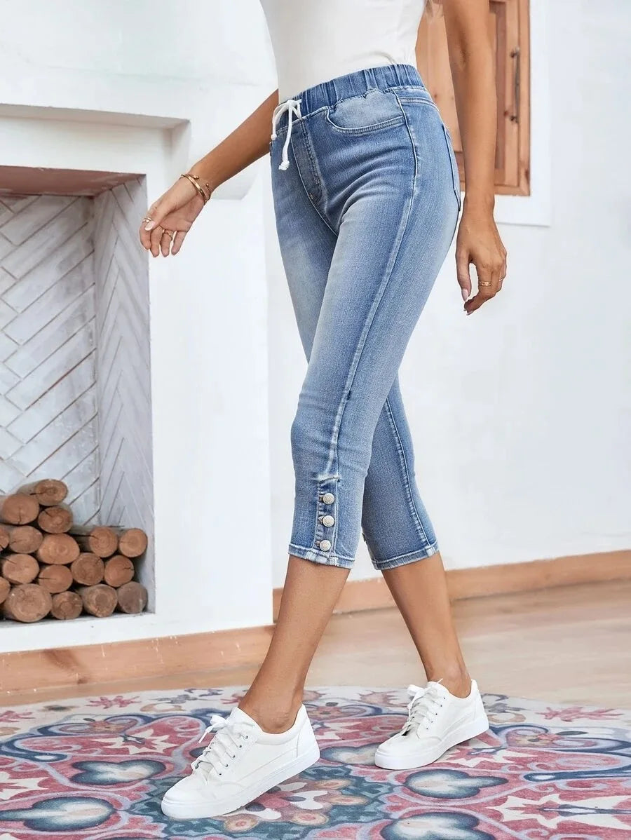 Women’s High Waist Ripped Denim Shorts | Knee-Length Stretch Fit