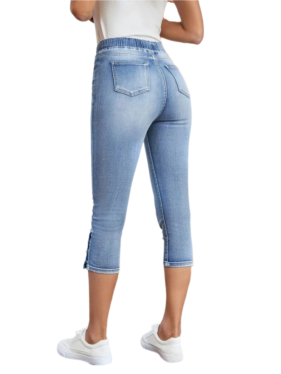 Women’s High Waist Ripped Denim Shorts | Knee-Length Stretch Fit