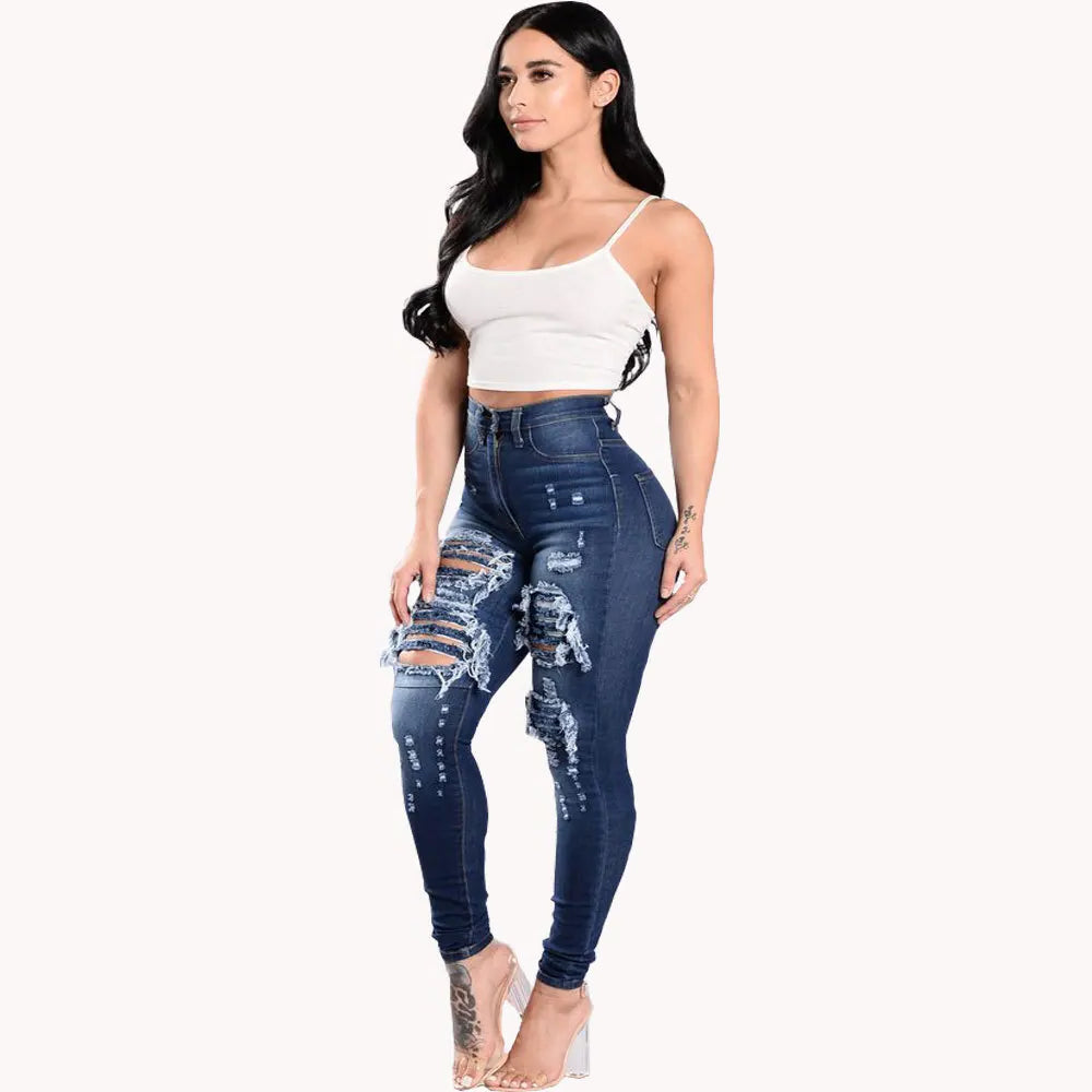 High Waist Ripped Skinny Jeans for Women – S-3XL Casual Denim