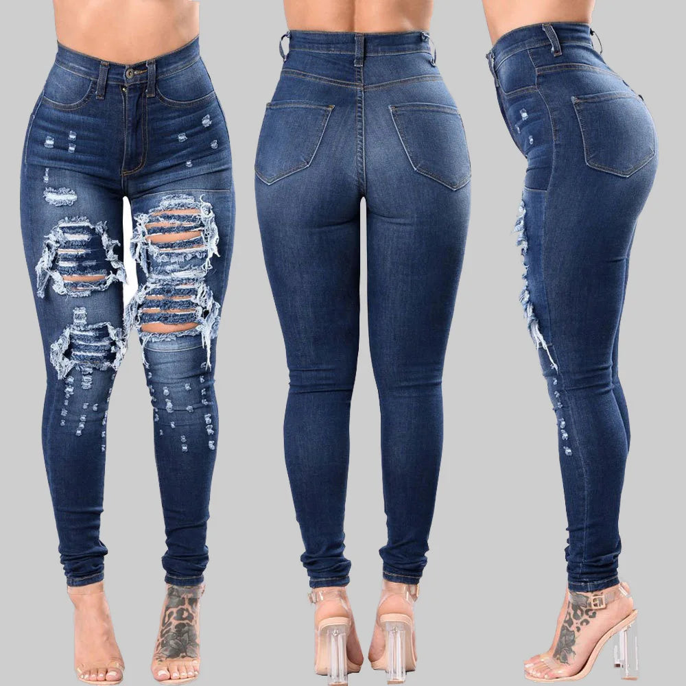 High Waist Ripped Skinny Jeans for Women – S-3XL Casual Denim
